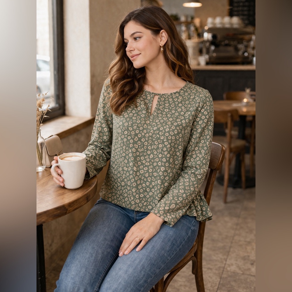 391 DR2 Daniel Rainn Green Floral Boho Blouse Small Lightweight Peplum Keyhole